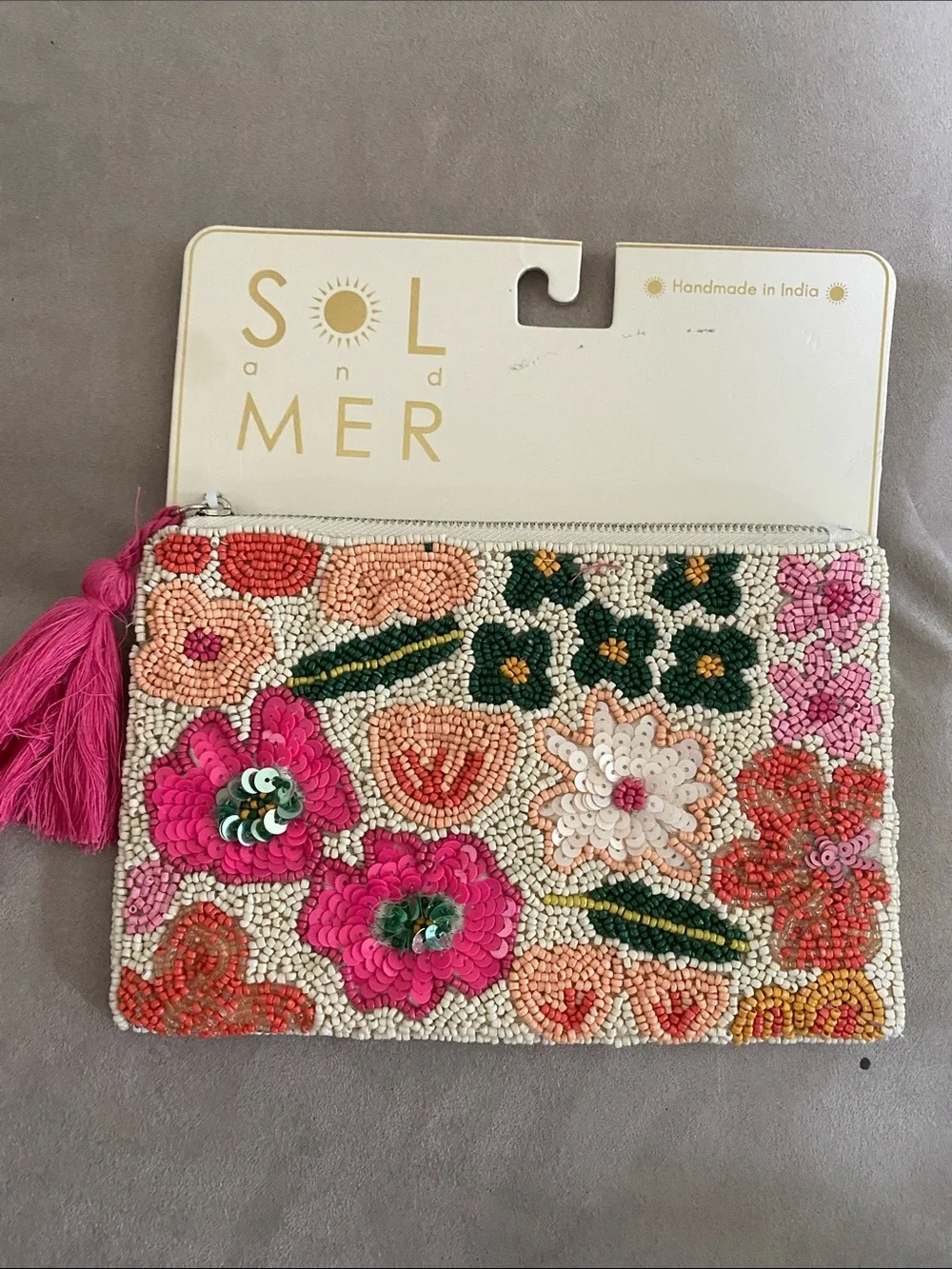 Pink Floral Beaded Zip Pouch/Clutch. NWT. LARGE